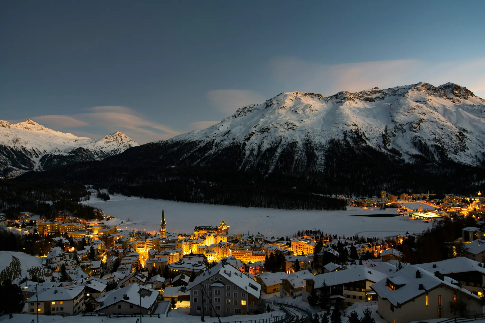 St. Moritz evening view with golden lights
